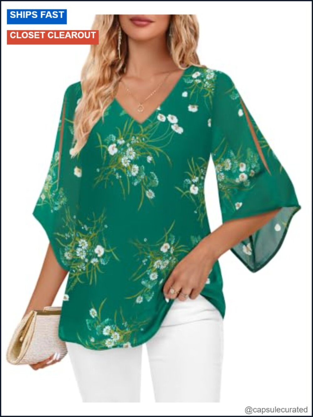 3/4 Sleeve V Neck Double Layer Chiffon Blouse Dressy Tunic Top